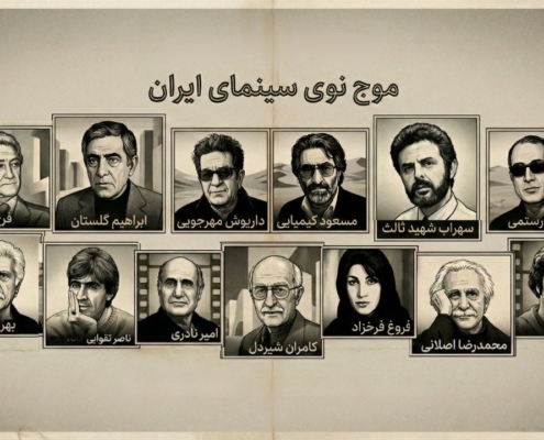 تصویر مجموعه‌ای از کارگردانان موج نوی سینمای ایران شامل فرخ غفاری، ابراهیم گلستان، داریوش مهرجویی، مسعود کیمیایی، سهراب شهید ثالث، عباس کیارستمی، بهرام بیضایی، ناصر تقوایی، امیر نادری، کامران شیردل، فروغ فرخزاد، محمدرضا اصلانی و فریدون گله.